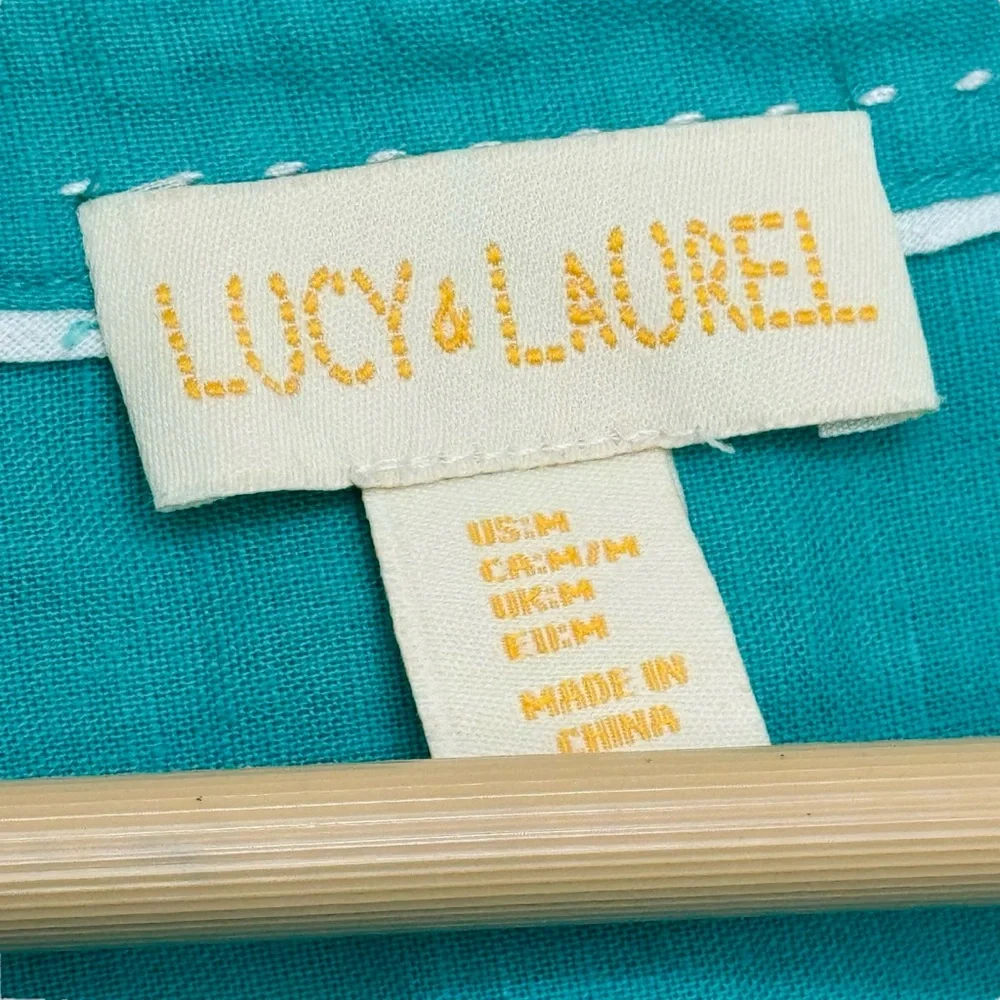 Lucy & Laurel linen Cotton Blend Teal Button-Up Women's Top Coastal Classic Sz M - Picture 5 of 5